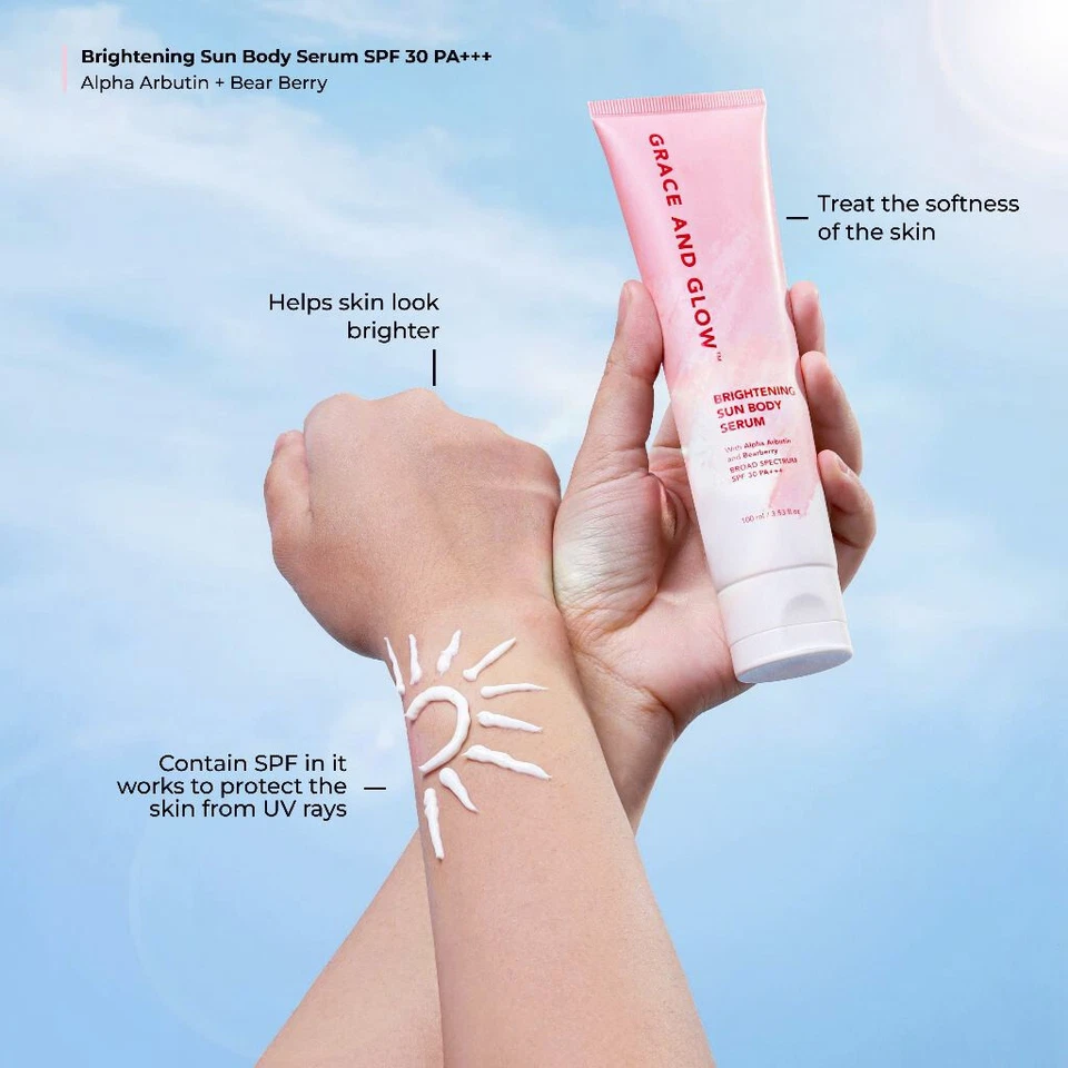 2X GRACE&GLOW Brightening Sun Body Serum For Bright & Smooth Skin with Arbutin Foto 3 de 4