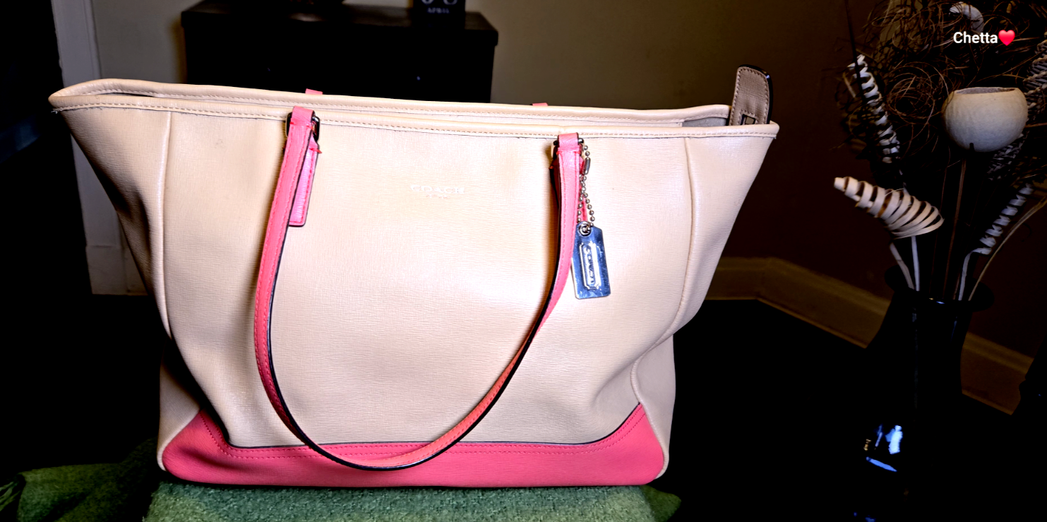 Coach 23844 Coral & Carmel Color Block Tote Shoulder Bag