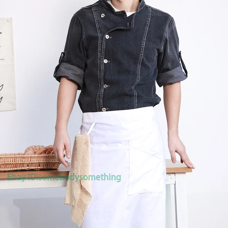 Unisex Chef Jacket Long Sleeve Cook Coat Men Women Denim Kitchen Uniform Suit - Image 4 of 4