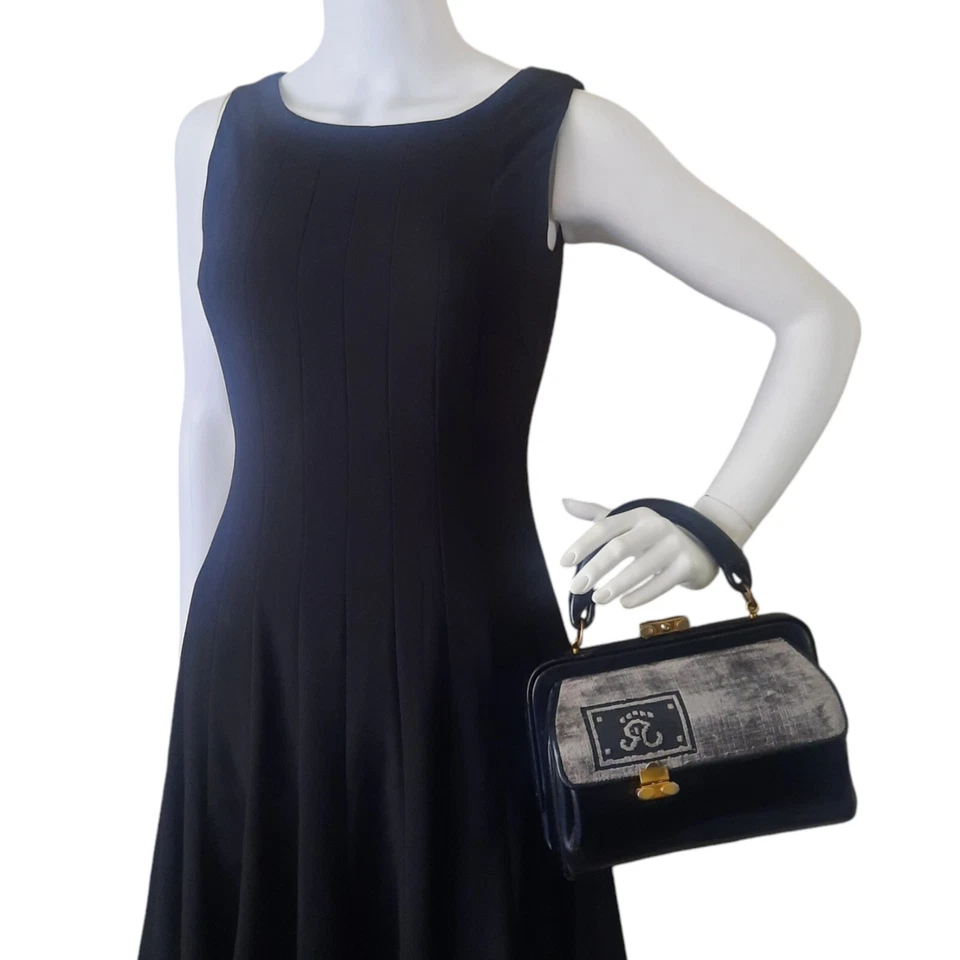 Bolso Bagonghi ROBERTA DI CAMERINO Vintage Cuero Negro con Borde de Terciopelo Gris Foto 2 de 4