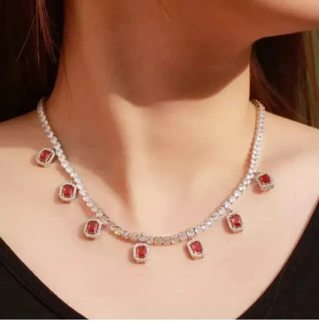 21Ct Round-Square Cut Red Ruby Diamond Tennis Necklace 14K White Gold Plated 16" - Image 4 of 4