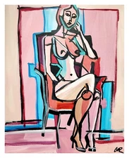 CORBELLIC ORIGINAL PAINTING 16X20 SITTING CHAIR WOMAN GALLERY CUBISM UNIQUE ART