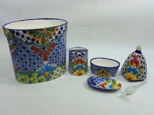 BATHROOM ACCESORY SET basket soap toothbrush holder mexican talavera ceramic - Picture 4 of 4