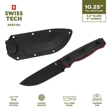Swiss Tech Kraftig Large Bushcraft Fixed Blade Knife, 10.25 in Taktil D2 Steel