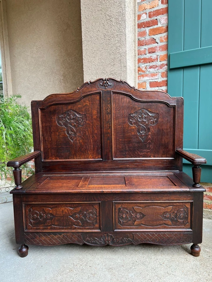 Антикварная французская скамья для зала Людовика XV резное дубовое фойе сундук с подъемным верхом c1890 - Изображение 2 из 4