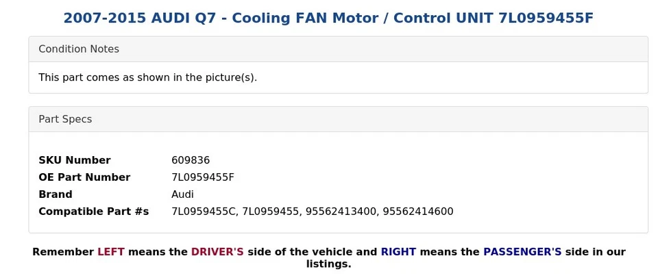 AUDI Q7 2007-2015 - Motor ventilador de refrigeración/unidad de control 7L0959455F Foto 3 de 4