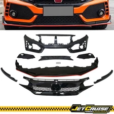 Fits 16-21 Honda Civic Type-R Front Bumper Cover + Upper Mesh Grille + Front Lip