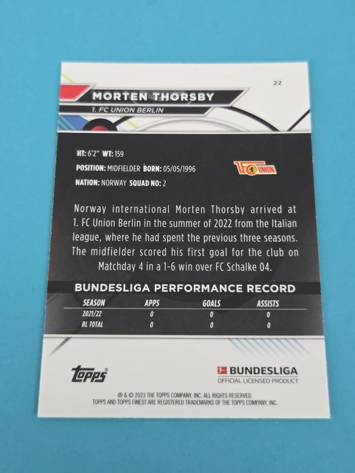 2022-23 Finest Bundesliga #22 Morten Thorsby 1. FC Union Berlin SOCCER Card 9F - Image 2 of 2