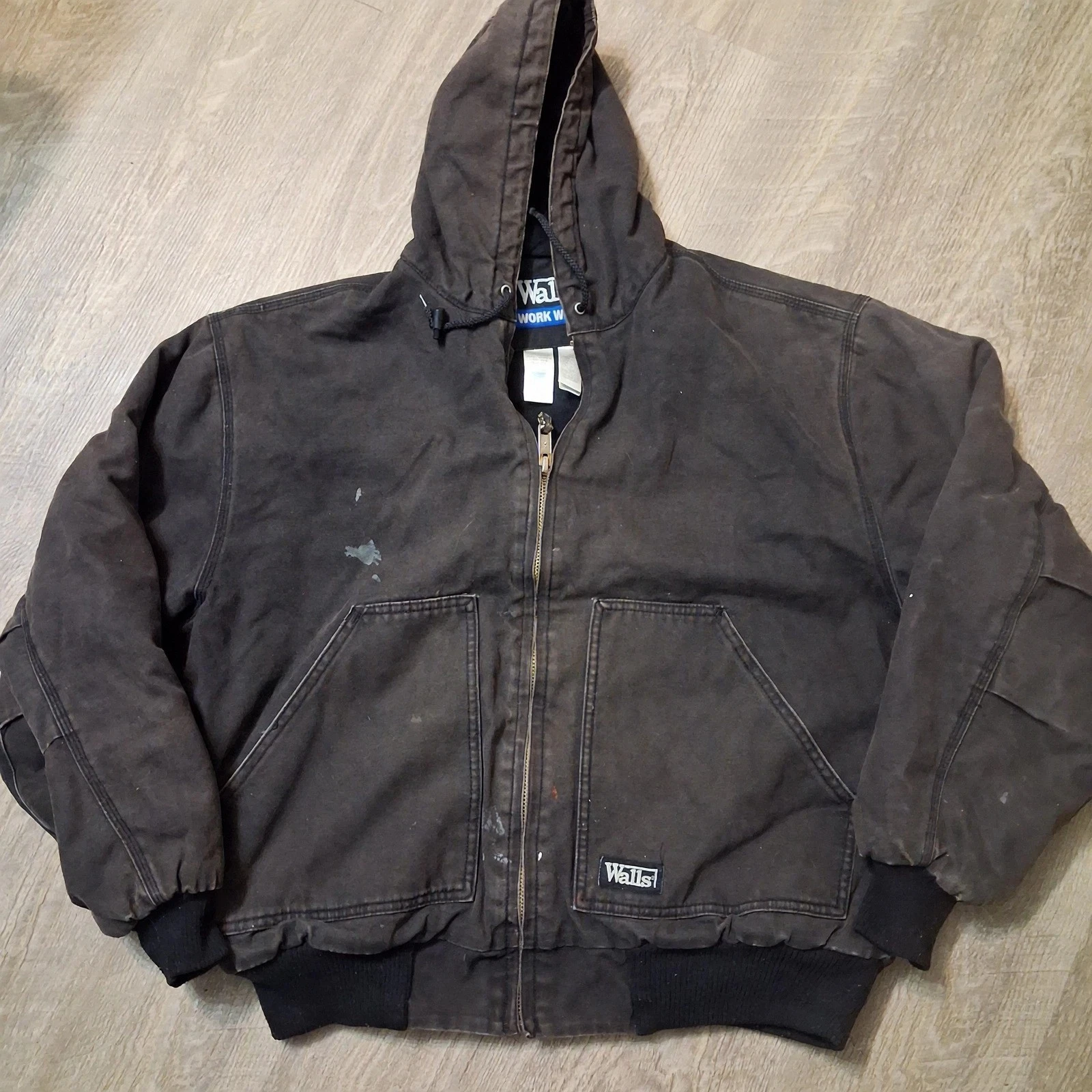Walls Hooded Work Jacket Full Zip Black Thrashed Distressed Sun Faded XL - product detail image 1