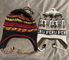 2 Hat Lot Peruvian Chullo Peru Knit Lined Reversible Unisex