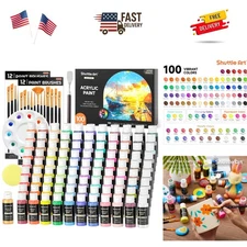 Complete 100-Color Acrylic Paint Set: Brushes, Palette & Sponges - Waterproof