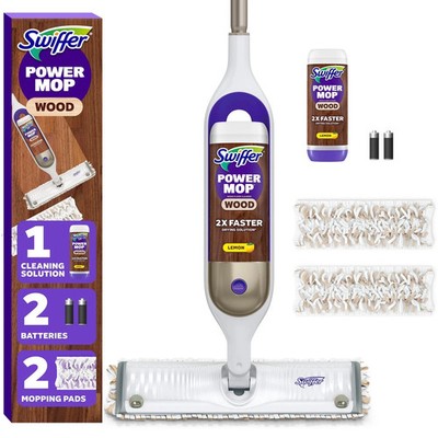 Swiffer Power Mop Wood Kit with Refill, Unscented, 1 handle +1 solution & 2 Pads