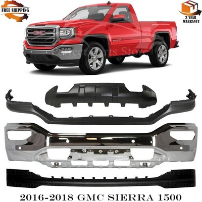 Front Bumper Chrome Steel & Skid Plate Black Kit For 2016-2018 GMC Sierra 1500