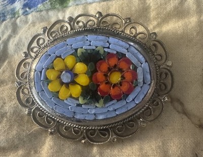 Italian Vintage Micro Mosaic Pin Brooch Silver Brooch Blue Yellow Orange Flower
