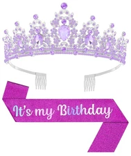 Birthday Tiara and Crown with Sash, for Women Party Purple 