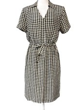 Adrianna Papell Shirt Dress Womens 8 Black White Silk Houndstooth Belted V Neck