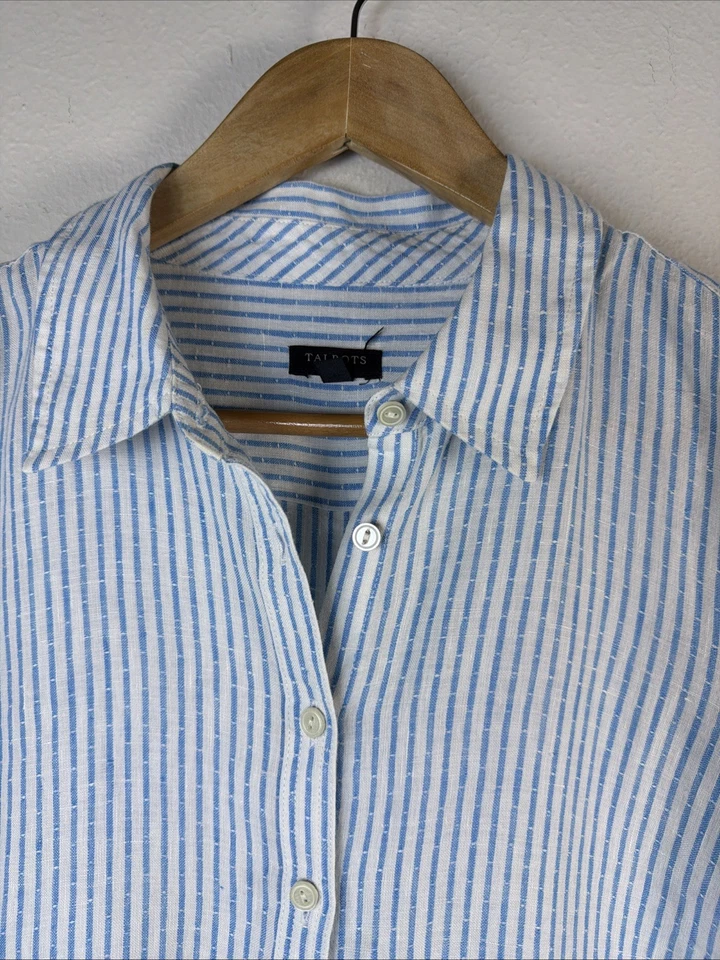 Talbots womens large petite Shirt Blue 100% Linen Striped Nautical Beach relaxed - Image 3 of 4