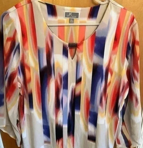 JM COLLECTION Chiffon COLORFUL Blouse Top Shirt FLOWY 3/4 Sleeve PETITE L Women - Picture 2 of 6