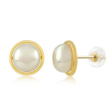 14K Yellow Gold 8MM White Button Shape Cultured Freshwater Pearl Stud Earrings