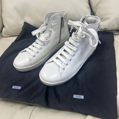 Prada White Leather Hightop Sneakers Women's Size 7.5 w/ Dustbags