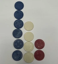 12 VINTAGE ANTIQUE CLUB SPADE HEART CLOVER PLASTIC POKER CHIPS 