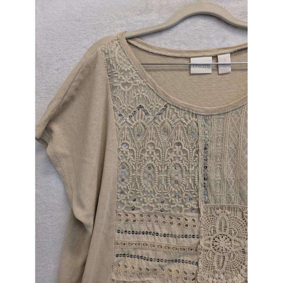 Топ CHICOS желтовато-коричневый кружевной с блестками украшенный коротким рукавом женский размер 3 плюс - Изображение 3 из 4