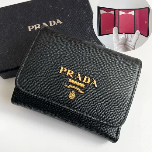 Portefeuille Prada triple pli Saffiano noir rose 1MH043 authentique