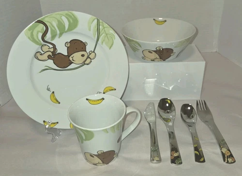 Monkey Child Dinner Set 7 Pieces Plate Cup Bowl Utensils Auerhahn Sino Germany 