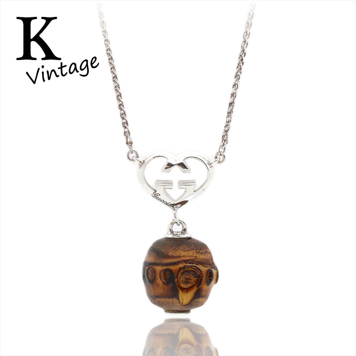 GUCCI Interlocking G Heart Necklace Wood Pendant Sterling
