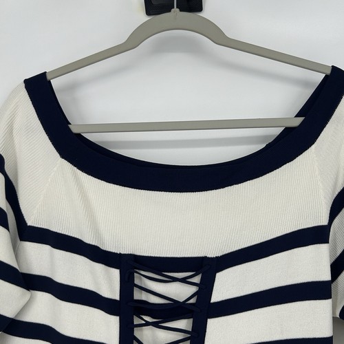Ann Fontaine Stripe Top Blouse Lace Up Blue Ivory Boat Neck Ribbed Size 42 10 - Picture 2 of 11