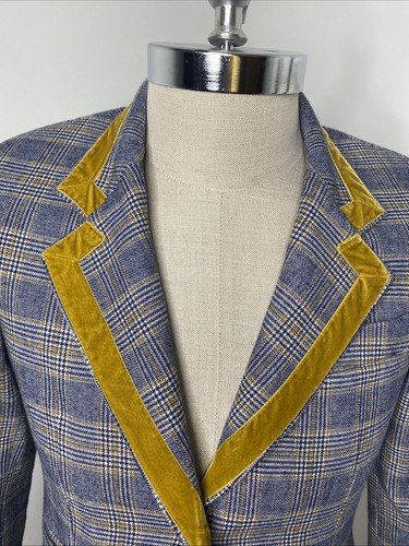 The GiGi Wool Blazer Jacket Plaid Blue Gold Velvet Collar Mens EU 40 US 30 Italy - Picture 2 of 12