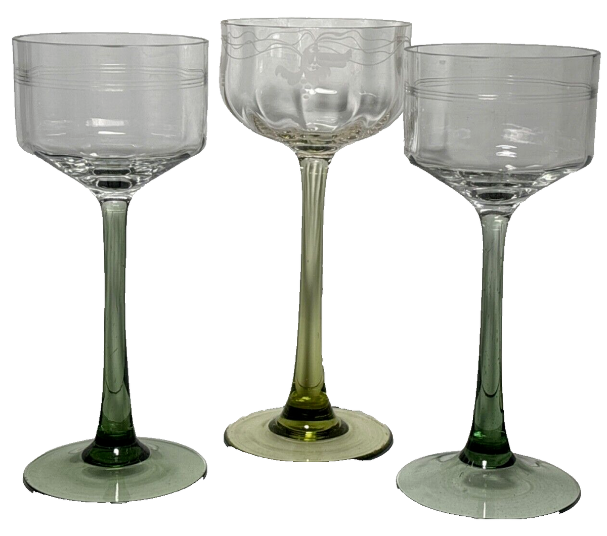 Antique Art Nouveau Clear Stripe Etched Olive Stem Hock Wine Glass 
