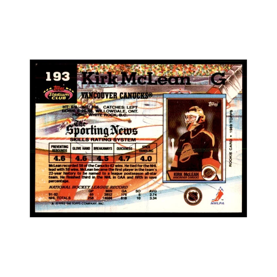 1992 Stadium Club Kirk McLean Hockery Cards #193 - Image 2 of 3
