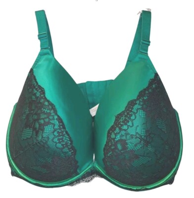 Cacique Plunge Bra Woman Plus Sz 44F Kelly Green Black Lacey Cups Underwire 