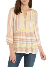 New Directions XL Yellow Red White Striped Woven Top 3/4 Sleeves NWT