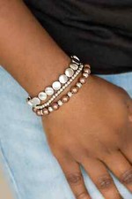 Paparazzi "Girly Girl Glamour" Silver  Pearly Brown Beaded Stretch Bracelet Set