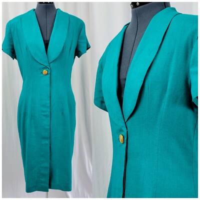 Vintage Phoebe Teal Deep V Neck Button Down Dress Size 8-10