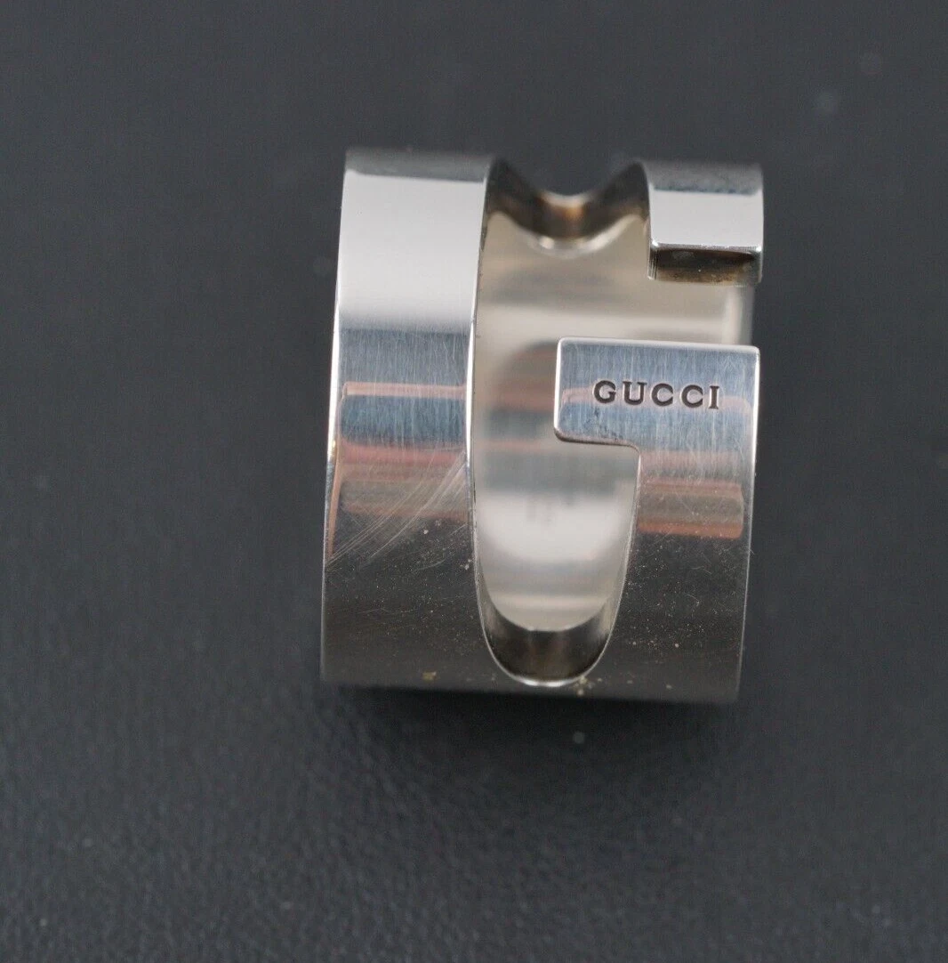 Bague vintage GUCCI 925 sterling logo G découpé large lourde Italie taille 10 35,8 grammes