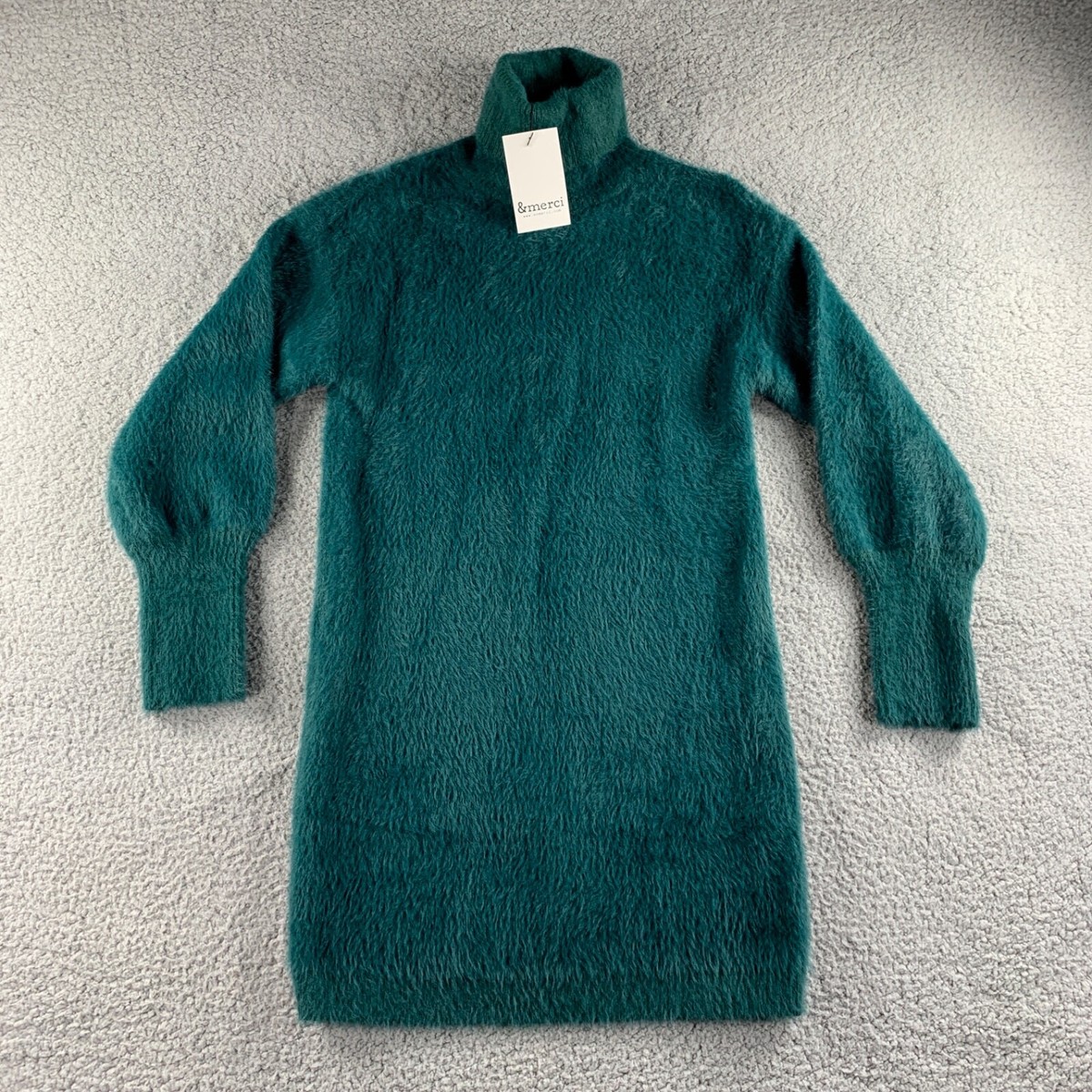 &merci green dress NWT Sweater Womens Medium Fuzzy Turtleneck Balloon Sleeve criss-cross detailing