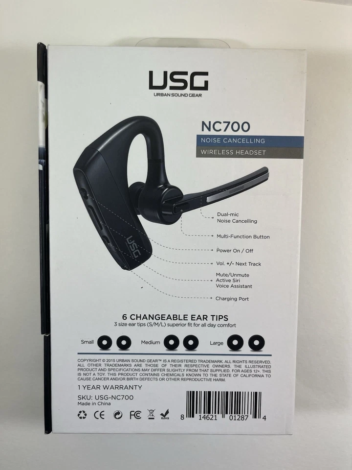 Urban Sound Gear Nc700 Wireless Ear Peice cancelamento de ruído preto claro - Imagem 2 de 4
