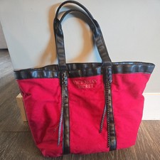 Victoria s Secret Tote Bag Large Red with Black Faux Leather Trim Straps