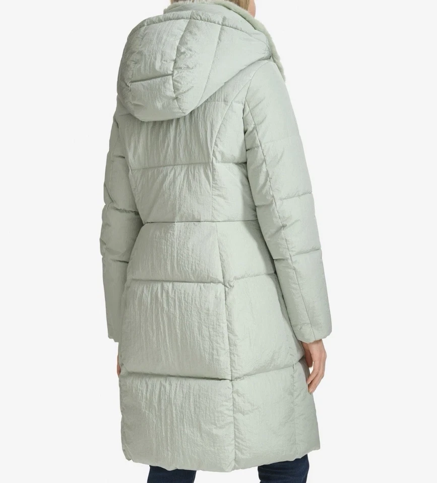 NUEVO CON ETIQUETAS COLE HAAN Abrigo acolchado con cuello de piel sintética para mujer, salvia, talla pequeña Foto 2 de 4