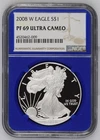 Classic 2008-W Proof American Silver Eagle, graded NGC PF 69 Ultra Cameo.