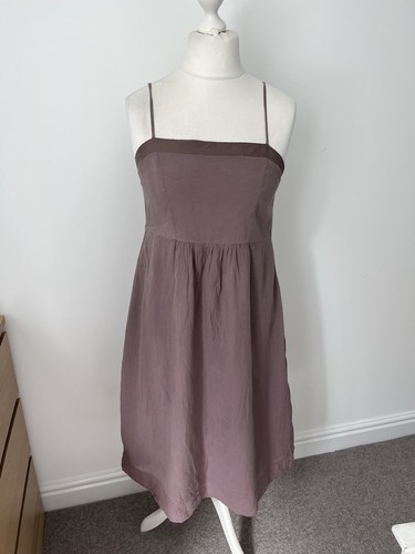 Jigsaw 12 Brown Taupe Silk Strappy Sun Dress Square Neck Lined