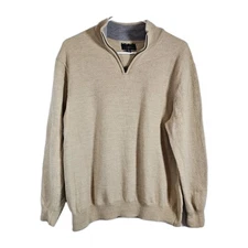 Club Room Sweater Mens Large (Tag XL Fits L) Tan Merino Wool 1/4 Zip Pullover 