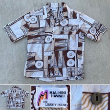 Vintage Malihini Hawaii Liberty House Loop Collar Aloha Shirt Tapa Print 60s 70s