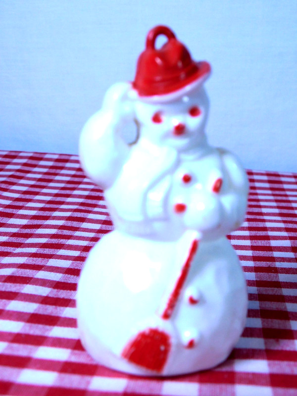 Vintage Rosbro Snowman Ornament Plastic White with Red Accents