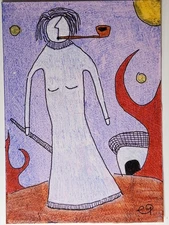 e9Art ACEO woman smoking outsider art brut naive