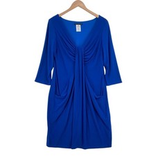Tiana B A Line Dress Womens Large Blue Knit 3/4 Sleeve V Neck Ruffle Pullover