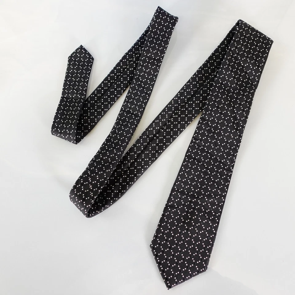 ATELIER 365 Neck Tie Mens Black Simple Polka Dot Silk Micro Repeat Skinny Modern - Image 3 of 4
